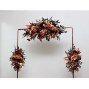 Flower arch arrangement in burgundy burnt orange rust peach colors. Arbor flowers. Floral archway. Faux flowers for wedding. 0502