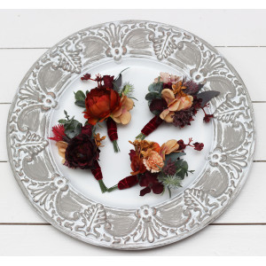 Wedding boutonnieres and wrist corsage  in  burgundy burnt orange rust peach  color theme. Flower accessories. 0502