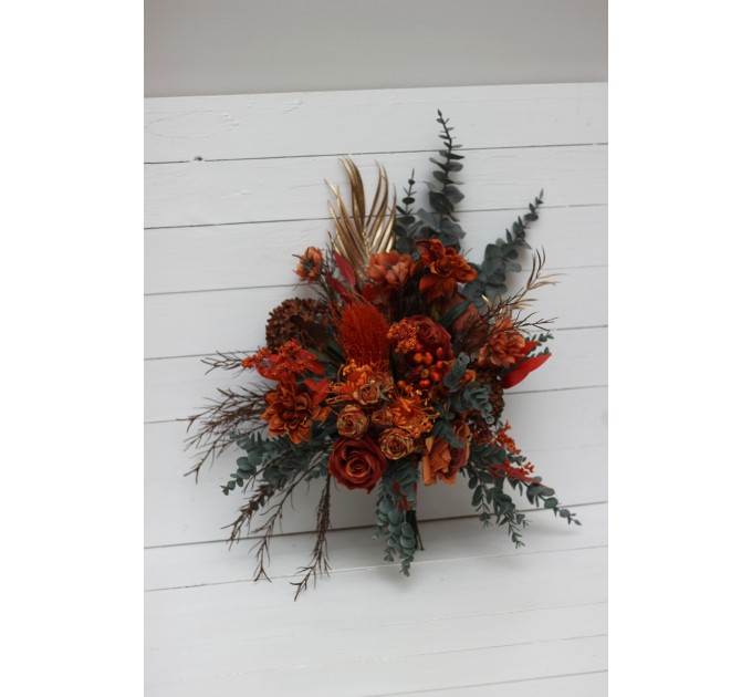 Wedding bouquets in rust terracotta burnt orange  colors. Bridal bouquet.  Faux bouquet. Cascading bouquet. Bridesmaid bouquet. Banksia bouquet. 0505