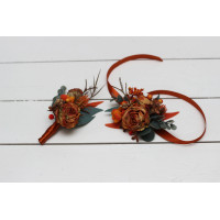  Wedding boutonnieres and wrist corsage  rust terracotta burnt orange color theme. Flower accessories. 0505