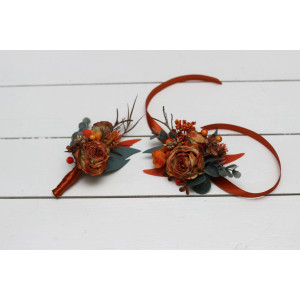  Wedding boutonnieres and wrist corsage  rust terracotta burnt orange color theme. Flower accessories. 0505