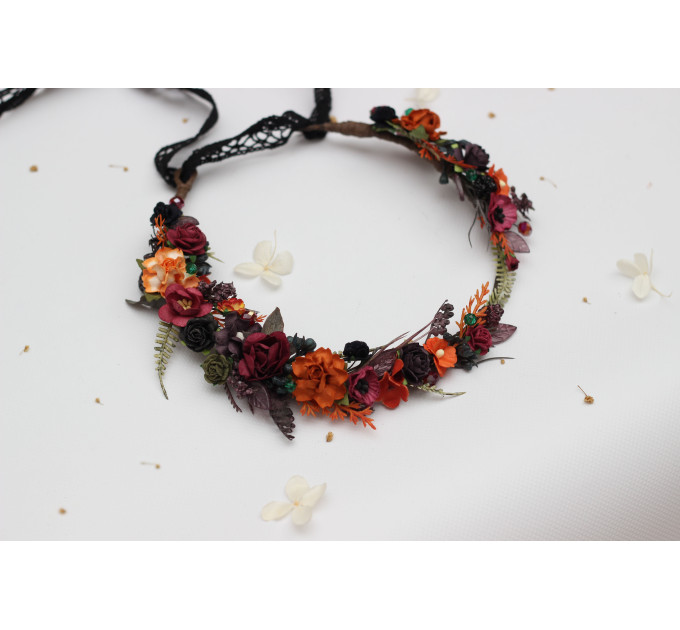 Burgundy, Black, Purple & Rust Flower Crown – Moody Faux Wedding Hair Wreath