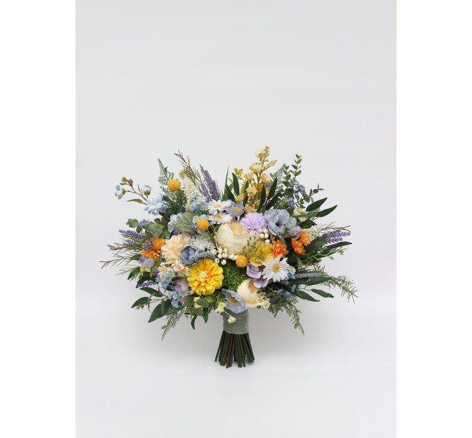 Yellow, Ivory, Dusty Blue & Lavender Bridal and Bridesmaid Bouquets