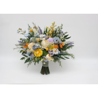 Yellow ivory dusty blue lavender wedding bouquets. 5446