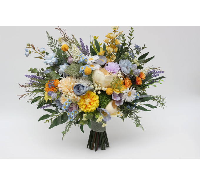 Yellow, Ivory, Dusty Blue & Lavender Bridal and Bridesmaid Bouquets