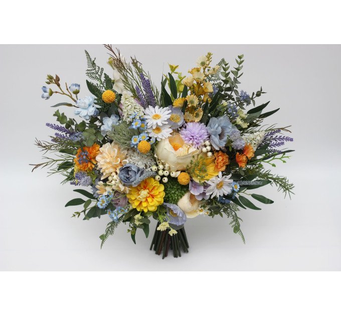 Yellow, Ivory, Dusty Blue & Lavender Bridal and Bridesmaid Bouquets