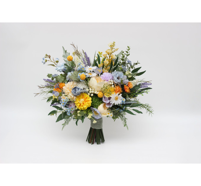 Yellow, Ivory, Dusty Blue & Lavender Bridal and Bridesmaid Bouquets