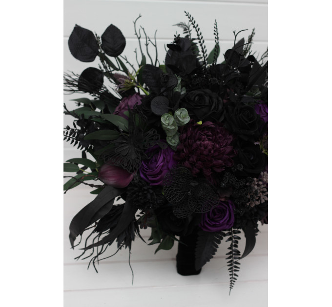 Black, Green & Purple Gothic Moody Bridal and Bridesmaid Bouquets