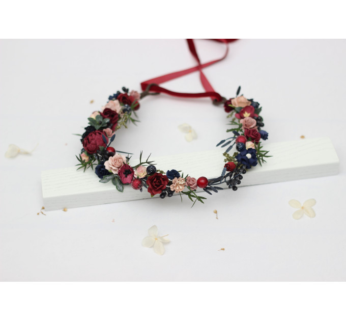 Burgundy, Navy Blue & Blush Pink Flower Girl Crown – Faux Wedding Hair Wreath