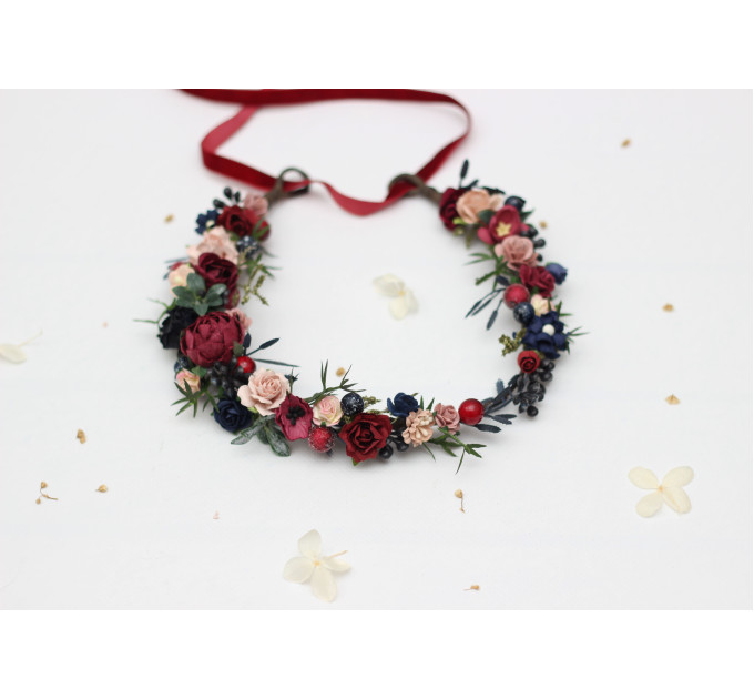 Burgundy, Navy Blue & Blush Pink Flower Girl Crown – Faux Wedding Hair Wreath