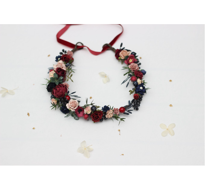 Burgundy, Navy Blue & Blush Pink Flower Girl Crown – Faux Wedding Hair Wreath