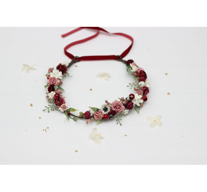 Burgundy, White & Dusty Rose Flower Crown – Romantic Faux Hair Wreath