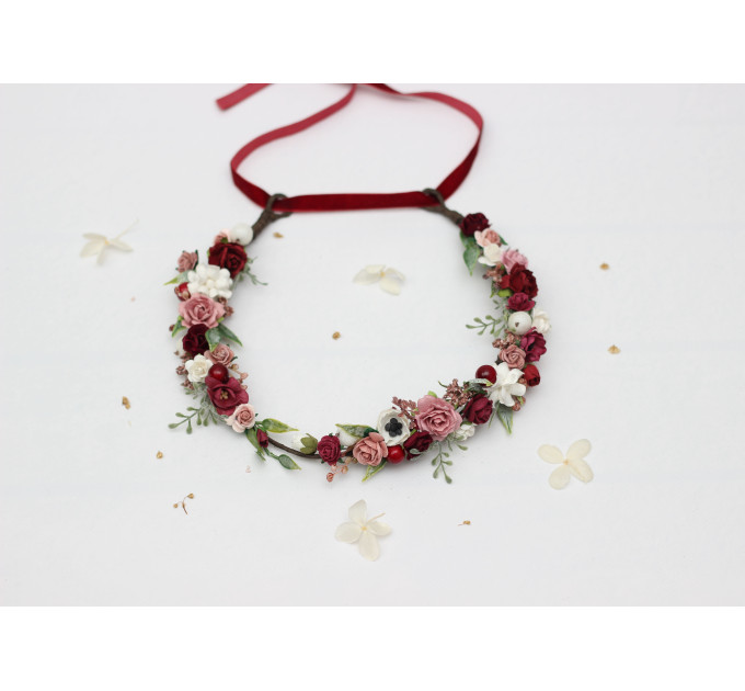 Burgundy, White & Dusty Rose Flower Crown – Romantic Faux Hair Wreath