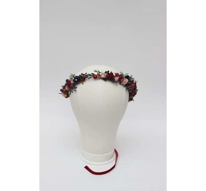 Burgundy, Navy Blue & Blush Pink Flower Girl Crown – Faux Wedding Hair Wreath