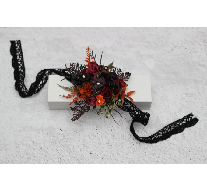 Burgundy, Rust, Purple & Black Wrist Corsage – Moody Faux Floral Bracelet