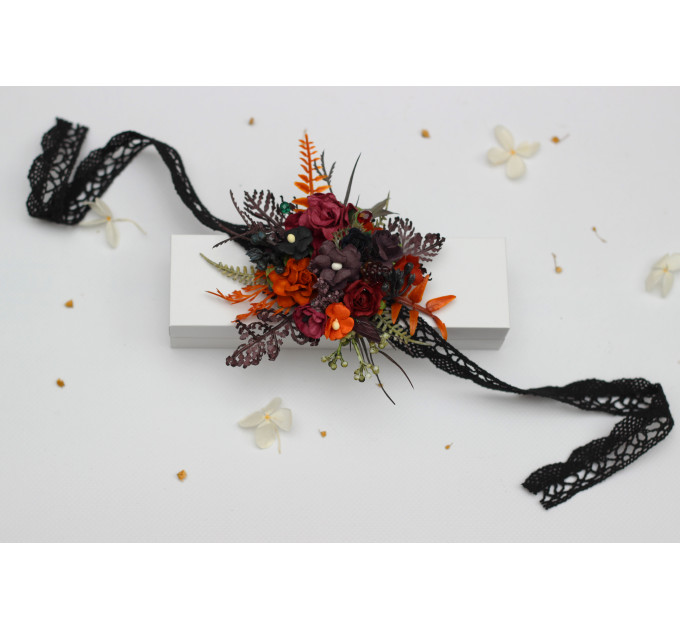Burgundy, Rust, Purple & Black Wrist Corsage – Moody Faux Floral Bracelet