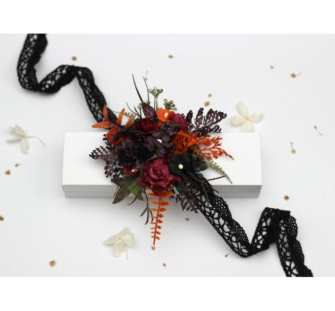 Burgundy, Rust, Purple & Black Wrist Corsage – Moody Faux Floral Bracelet