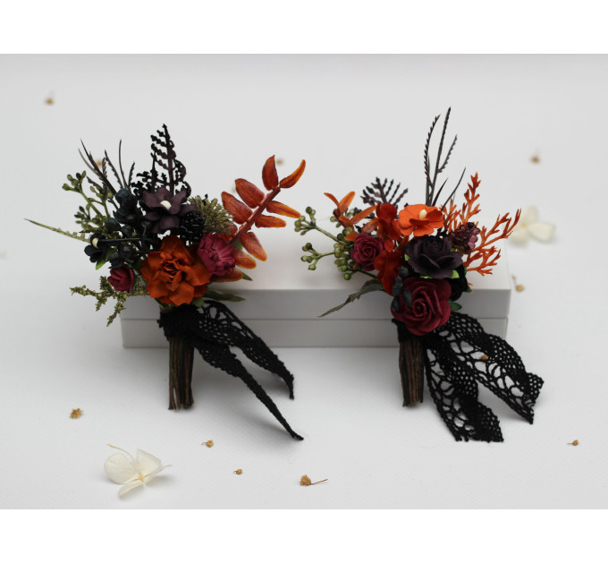 Burgundy, Rust, Purple & Black Wedding Boutonnieres – Moody Faux Floral Accessories