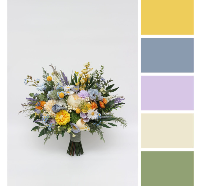 Yellow, Ivory, Dusty Blue & Lavender Bridal and Bridesmaid Bouquets