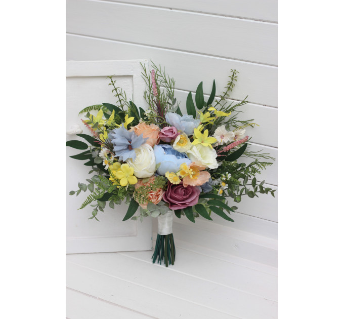 Pastel Wildflower Bridal Bouquet – Faux Wedding Flowers in Dusty Blue, Peach, Lilac & Cream