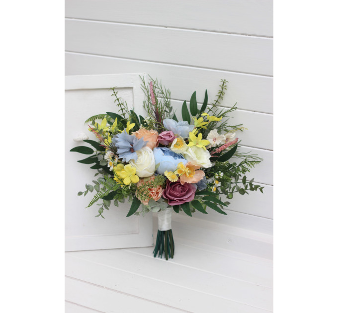 Pastel Wildflower Bridal Bouquet – Faux Wedding Flowers in Dusty Blue, Peach, Lilac & Cream