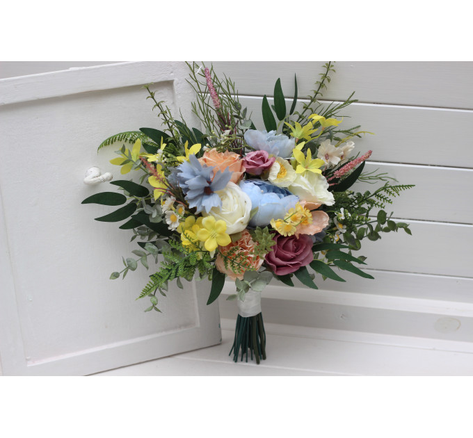 Pastel Wildflower Bridal Bouquet – Faux Wedding Flowers in Dusty Blue, Peach, Lilac & Cream