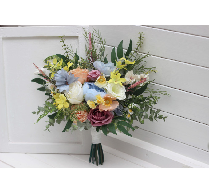 Pastel Wildflower Bridal Bouquet – Faux Wedding Flowers in Dusty Blue, Peach, Lilac & Cream