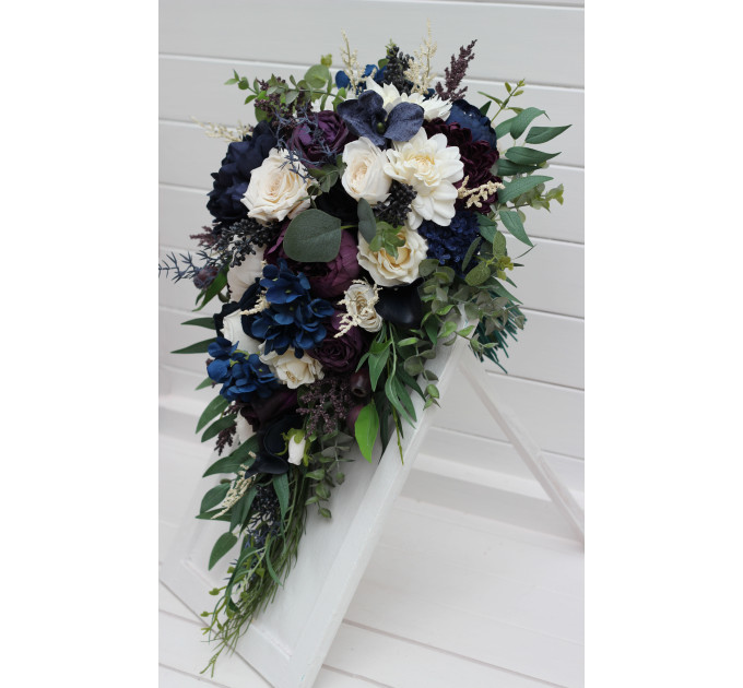 Plum, Ivory & Navy Blue Cascading Bridal and Bridesmaid Bouquets