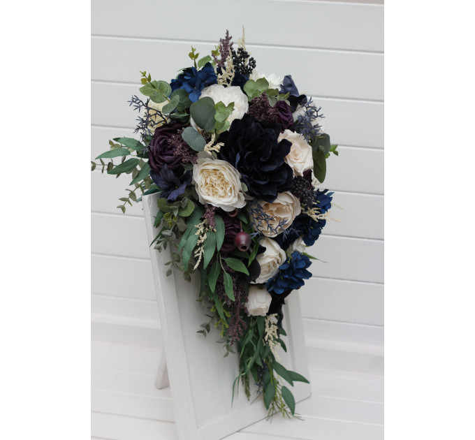 Plum, Ivory & Navy Blue Cascading Bridal and Bridesmaid Bouquets