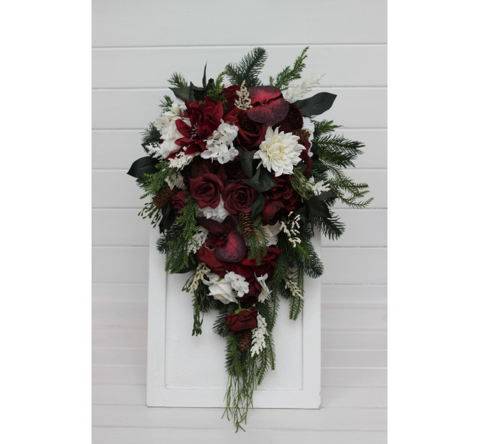 Winter Cascading Bouquet with Burgundy, Ivory Flowers and Pine