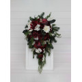 Winter Cascading Bouquet with Burgundy, Ivory Flowers and Pine