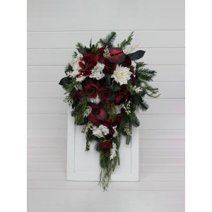 Winter cascading bouquet with burgundy ivory and pine. 5448