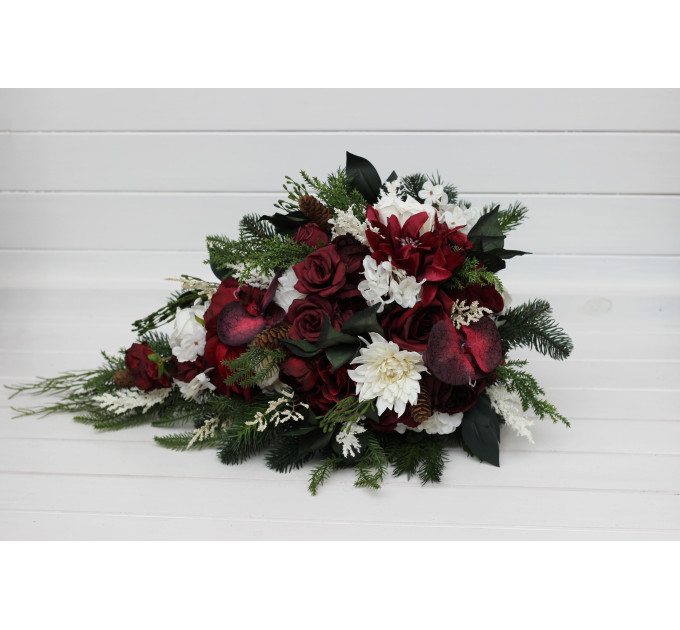 Winter Cascading Bouquet with Burgundy, Ivory Flowers and Pine
