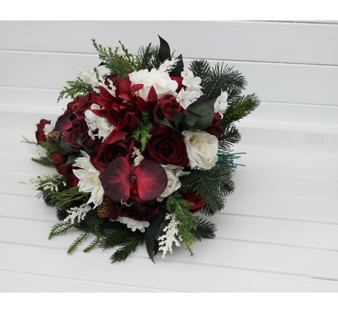 Winter Cascading Bouquet with Burgundy, Ivory Flowers and Pine