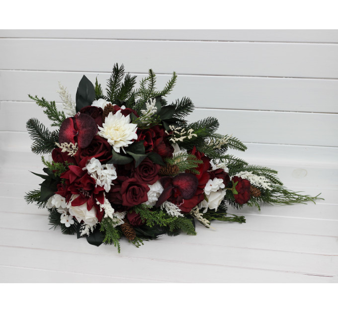 Winter Cascading Bouquet with Burgundy, Ivory Flowers and Pine