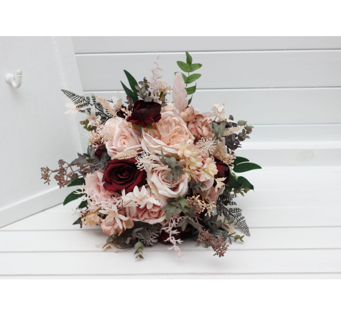 Romantic Faux Cascading Bouquets in Burgundy & Blush – Bridal and Bridesmaid Flowers
