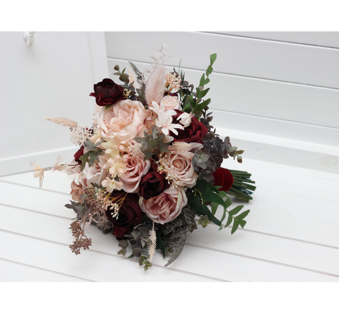 Romantic Faux Cascading Bouquets in Burgundy & Blush – Bridal and Bridesmaid Flowers