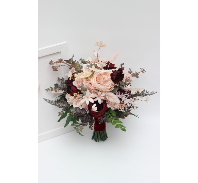 Romantic Faux Cascading Bouquets in Burgundy & Blush – Bridal and Bridesmaid Flowers