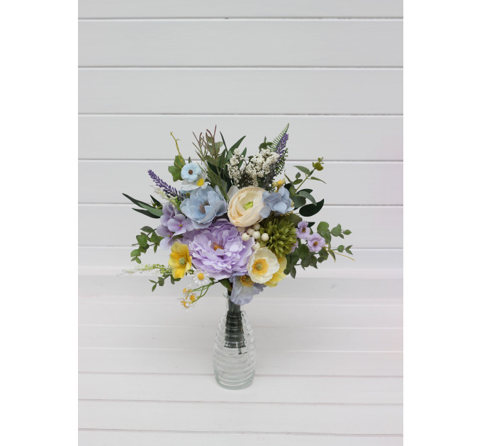 Yellow, Ivory, Dusty Blue & Lavender Wedding Table Mini Bouquets