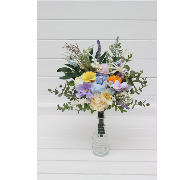 Yellow, Ivory, Dusty Blue & Lavender Wedding Table Mini Bouquets