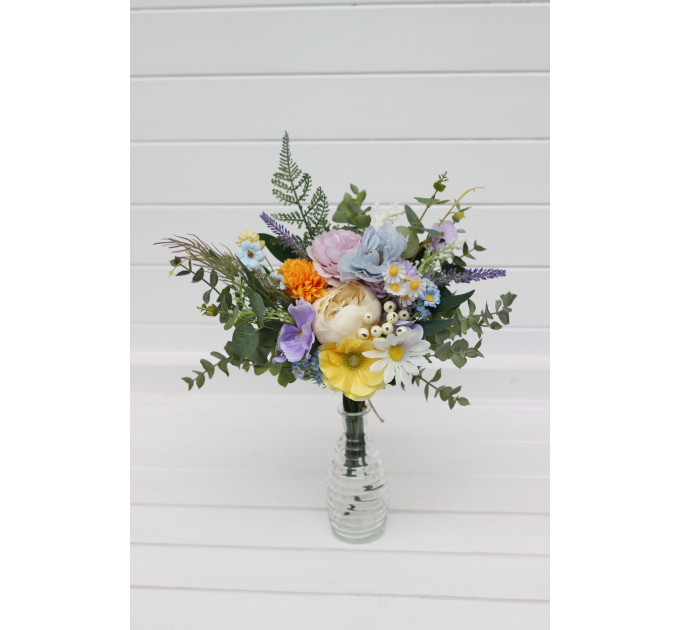 Yellow, Ivory, Dusty Blue & Lavender Wedding Table Mini Bouquets