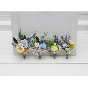  Wedding boutonnieres in yellow ivory dusty blue lavender. Wildflowers. 5446