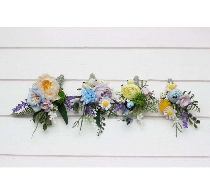 Yellow, Ivory, Dusty Blue & Lavender Wildflower Boutonnieres