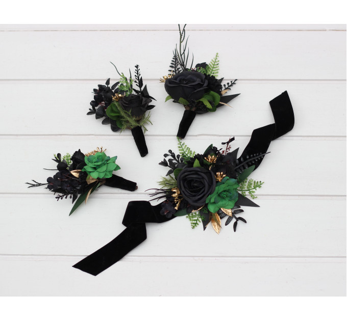 Moody Forest Green, Black & Gold Gothic Wedding Boutonnieres