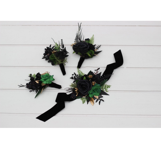 Moody Forest Green, Black & Gold Gothic Wedding Boutonnieres