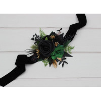 Moody forest green and black gold wrist corsage. 5333