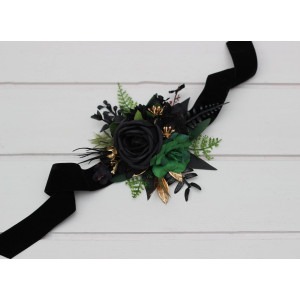 Moody forest green and black gold wrist corsage. 5333