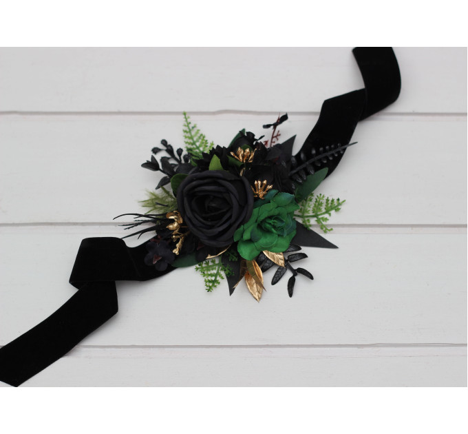 Moody Forest Green & Black Gold Wrist Corsage for Wedding
