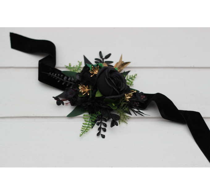 Moody Forest Green & Black Gold Wrist Corsage for Wedding