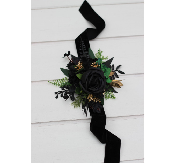 Moody Forest Green & Black Gold Wrist Corsage for Wedding